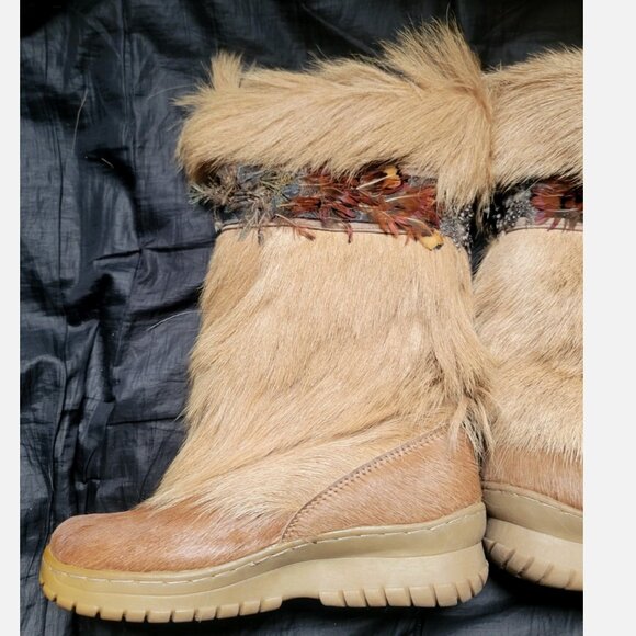 BearPaw KOLA Apres Ski Boots Sz 7 Real Fur Sheepskin Calf Goat Skin Wool Tan - Picture 8 of 16